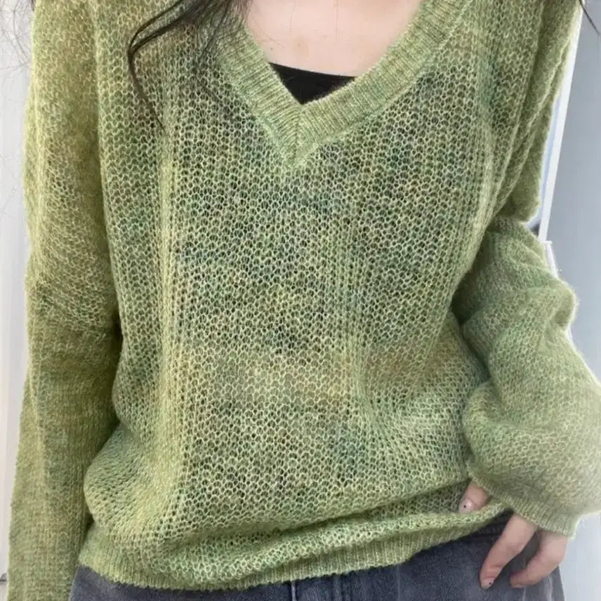 [BUNJANG] V-Neck Green Sheer Knit Top / 브이넥 시스루 니트 그린