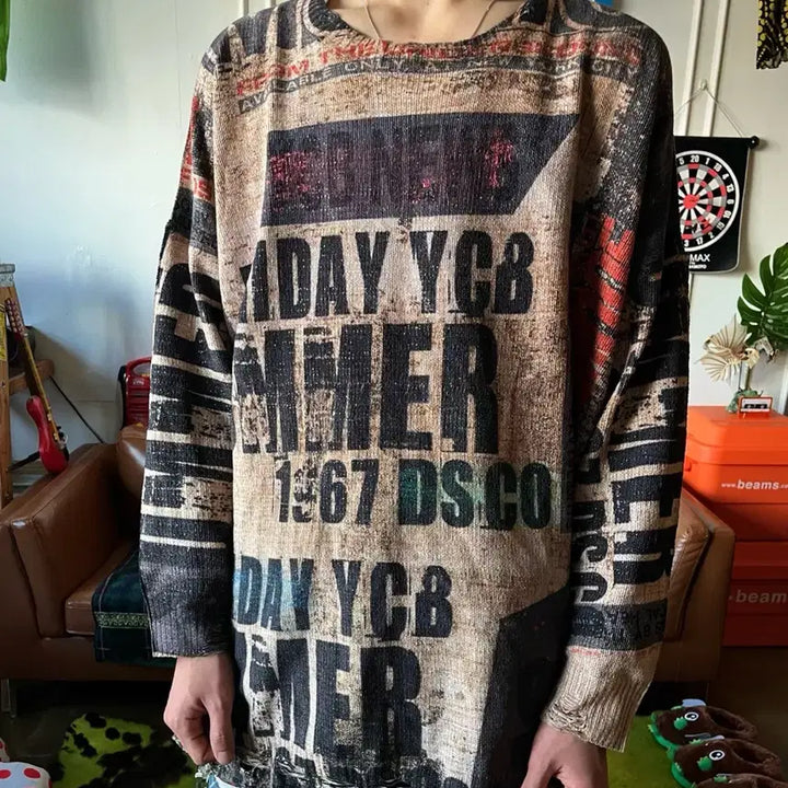 [BUNJANG] Vintage Japanese Distressed Knit Sweater / JPN 일본 빈티지 펑크 레터링 패턴 디스트로이드 오버사이즈 그런지 니트