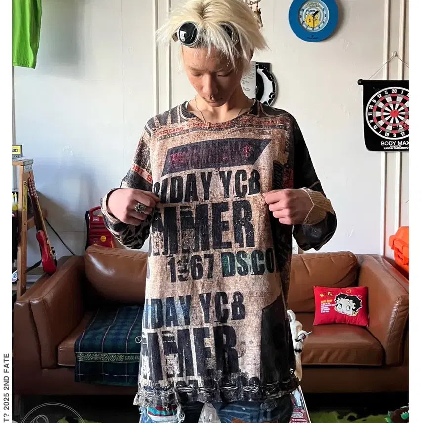 [BUNJANG] Vintage Japanese Distressed Knit Sweater / JPN 일본 빈티지 펑크 레터링 패턴 디스트로이드 오버사이즈 그런지 니트