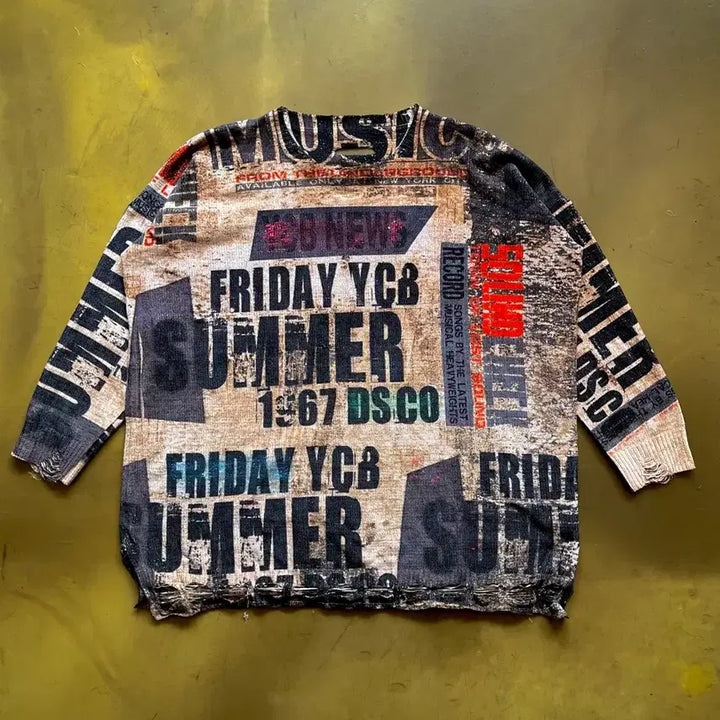 [BUNJANG] Vintage Japanese Distressed Knit Sweater / JPN 일본 빈티지 펑크 레터링 패턴 디스트로이드 오버사이즈 그런지 니트