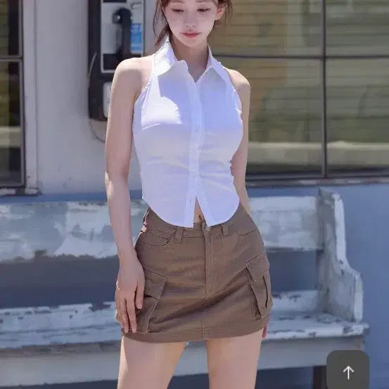 [BUNJANG] Kindami Park Jiwon (fromis_9) Cotton Two-Pocket Skirt and Sleeveless Button-Up Shirt Set / 프로미스 나인 박지원 착용 카인다미 골반뽕 치마, 민소매 버튼 셔츠 세트
