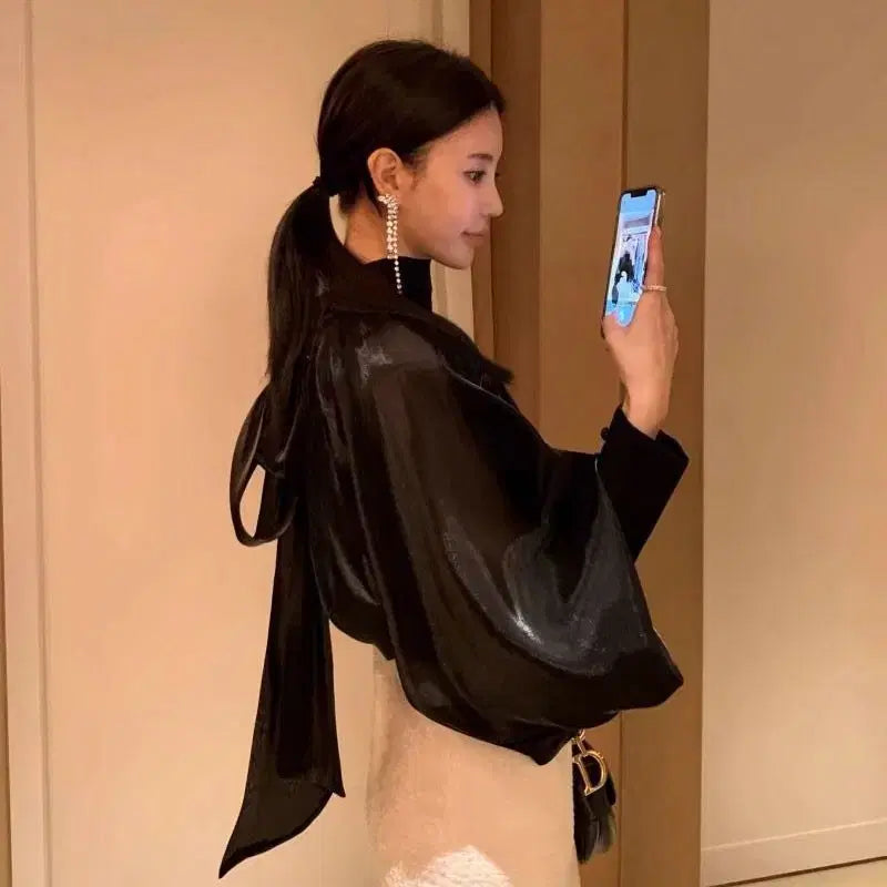 [BUNJANG] Black Organza Ribbon Tie See-through Blouse / [3컬러/*바로배송*] 블랙 오간자 쉬폰 리본 타이 시스루 블라우스