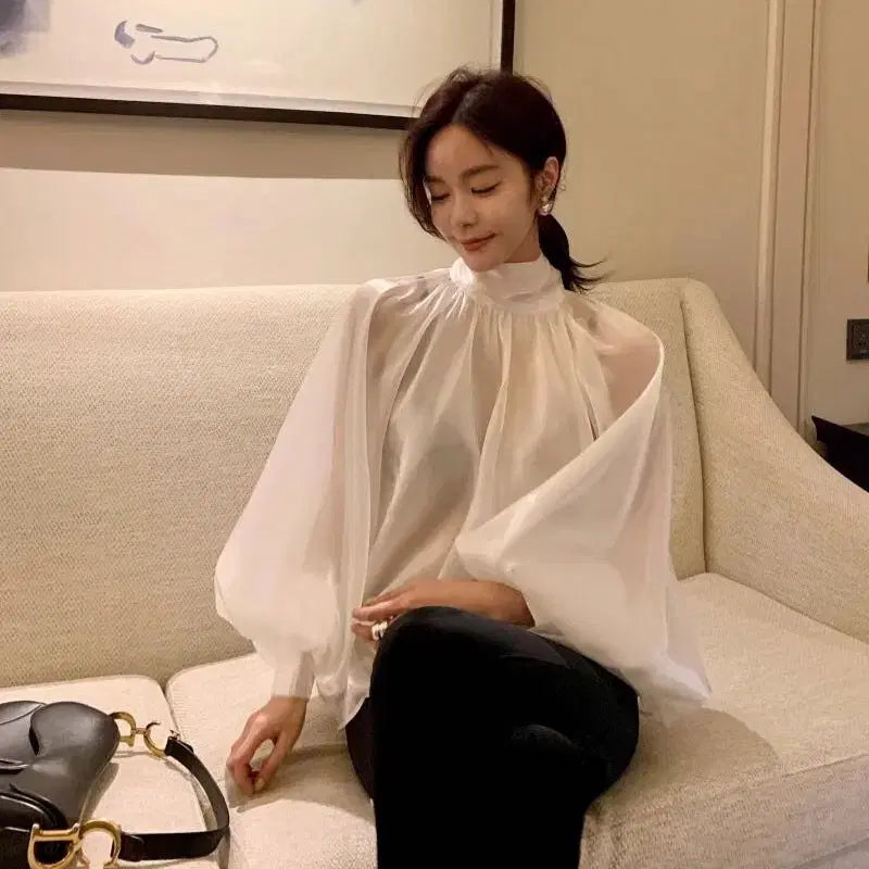 [BUNJANG] Black Organza Ribbon Tie See-through Blouse / [3컬러/*바로배송*] 블랙 오간자 쉬폰 리본 타이 시스루 블라우스