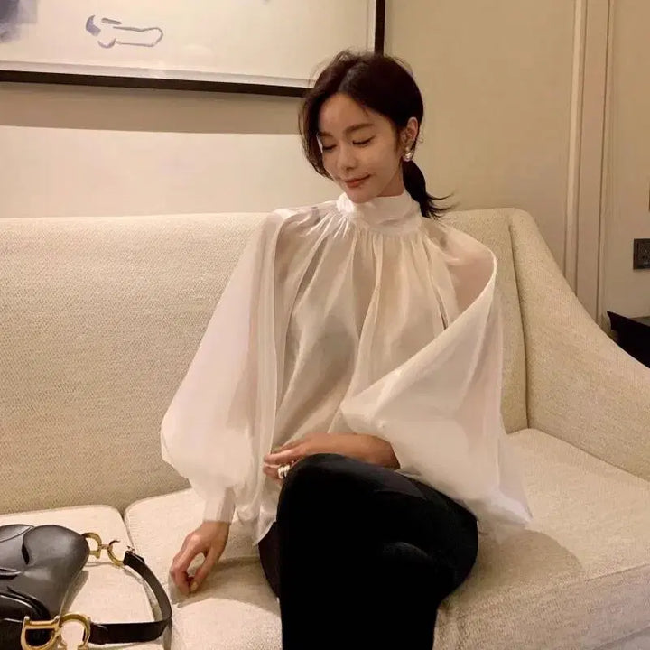 [BUNJANG] Black Organza Ribbon Tie See-through Blouse / [3컬러/*바로배송*] 블랙 오간자 쉬폰 리본 타이 시스루 블라우스