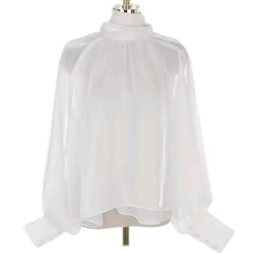 [BUNJANG] Black Organza Ribbon Tie See-through Blouse / [3컬러/*바로배송*] 블랙 오간자 쉬폰 리본 타이 시스루 블라우스