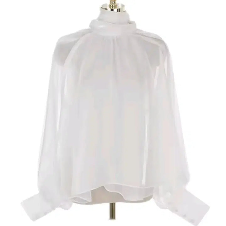 [BUNJANG] Black Organza Ribbon Tie See-through Blouse / [3컬러/*바로배송*] 블랙 오간자 쉬폰 리본 타이 시스루 블라우스