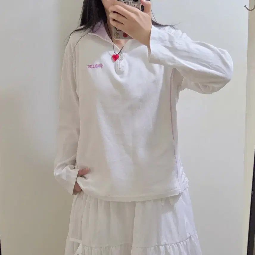 [BUNJANG] Dunlop Japan White Pink Half-Zip Sleeve Top / 던롭 일본판 화이트 핑크 반집업 슬리브