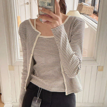 [BUNJANG] SLEEK Ribbed Striped Cardigan and Tank Top Set / SLEEK 여성 골지 스트라이프 나시 가디건 세트 free