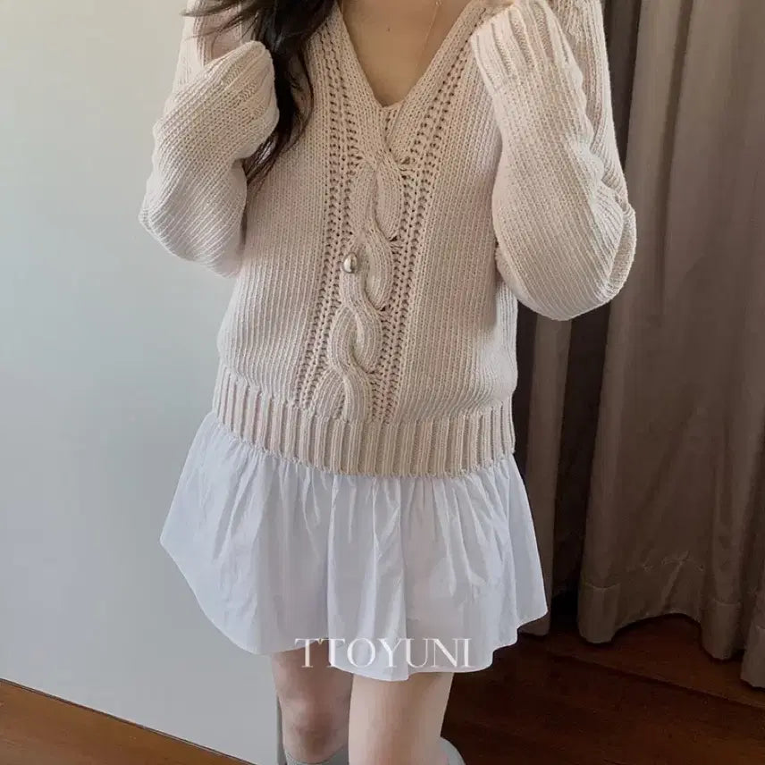 [BUNJANG] Miel Chess V-neck Cable Knit Sweater / [새상품] 도매택 미엘 체스 브이넥 꽈배기 니트 핑크