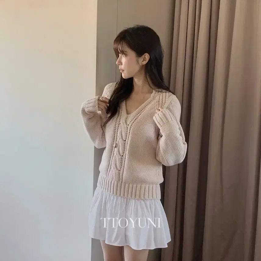 [BUNJANG] Miel Chess V-neck Cable Knit Sweater / [새상품] 도매택 미엘 체스 브이넥 꽈배기 니트 핑크