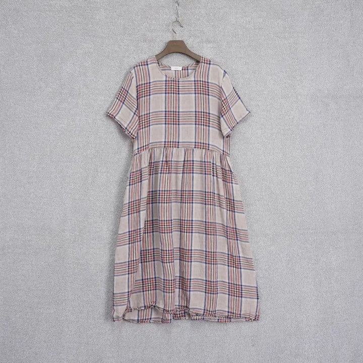 [SOLD OUT] 알로하 체크 린넨 핑크 반팔 원피스 free