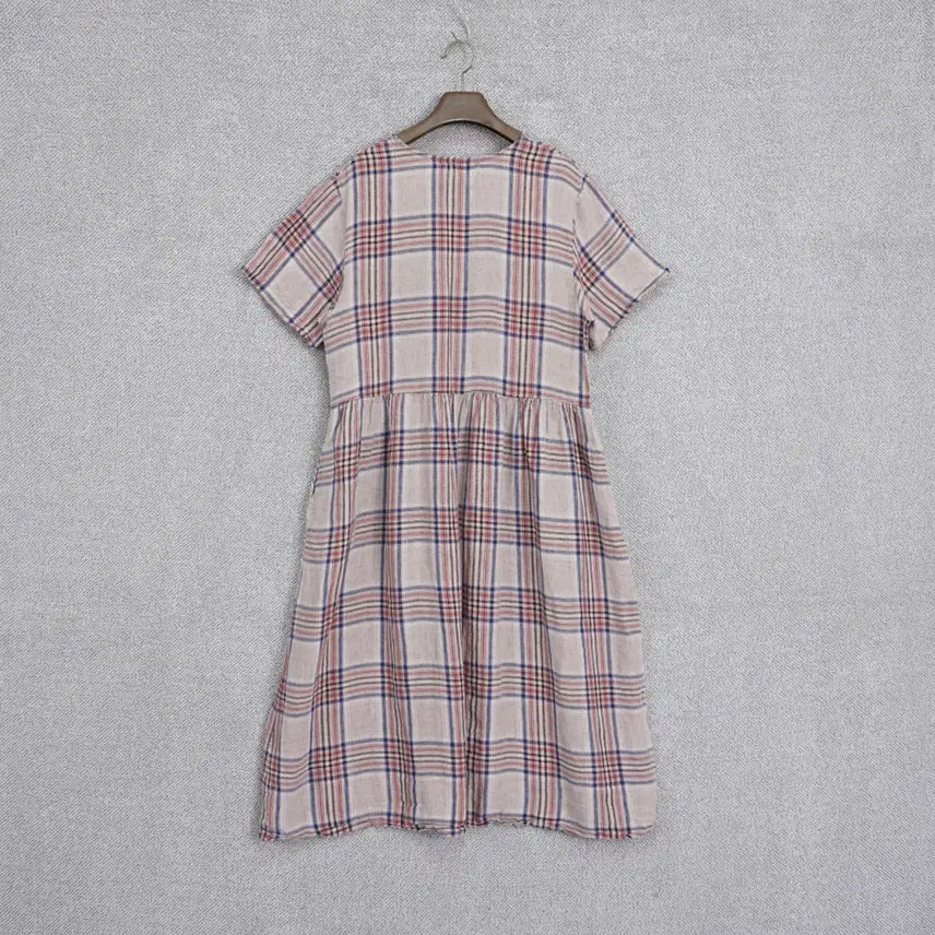 [SOLD OUT] 알로하 체크 린넨 핑크 반팔 원피스 free