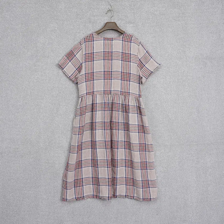 [SOLD OUT] 알로하 체크 린넨 핑크 반팔 원피스 free