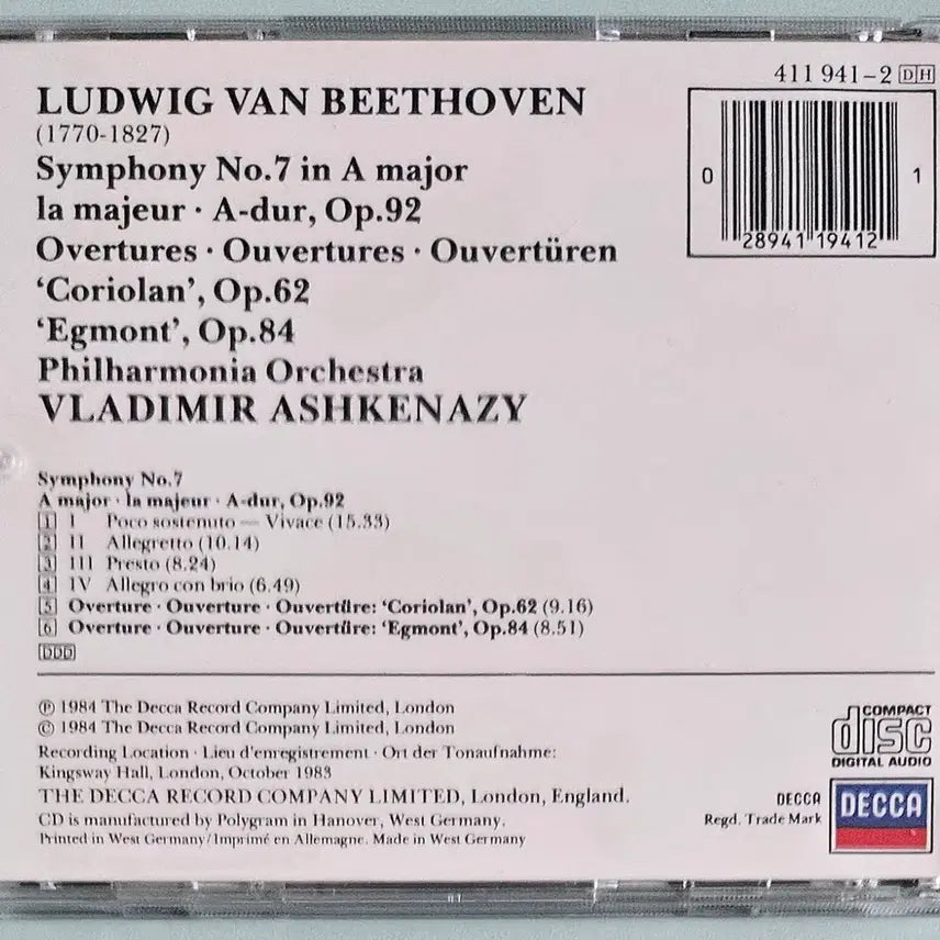 [BUNJANG] Ashkenazy - Beethoven Symphony No. 7 CD / CD 아슈케나지 - 베토벤 교향곡 7번 (수입)
