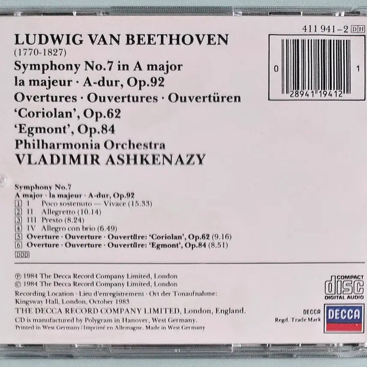 [BUNJANG] Ashkenazy - Beethoven Symphony No. 7 CD / CD 아슈케나지 - 베토벤 교향곡 7번 (수입)