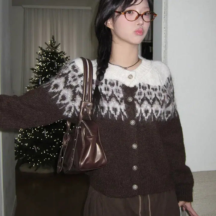 [BUNJANG] Modimood Angora Nordic Knit Cardigan Brown / [실착 1회] 모디무드 앙고라 노르딕 니트 가디건 브라운