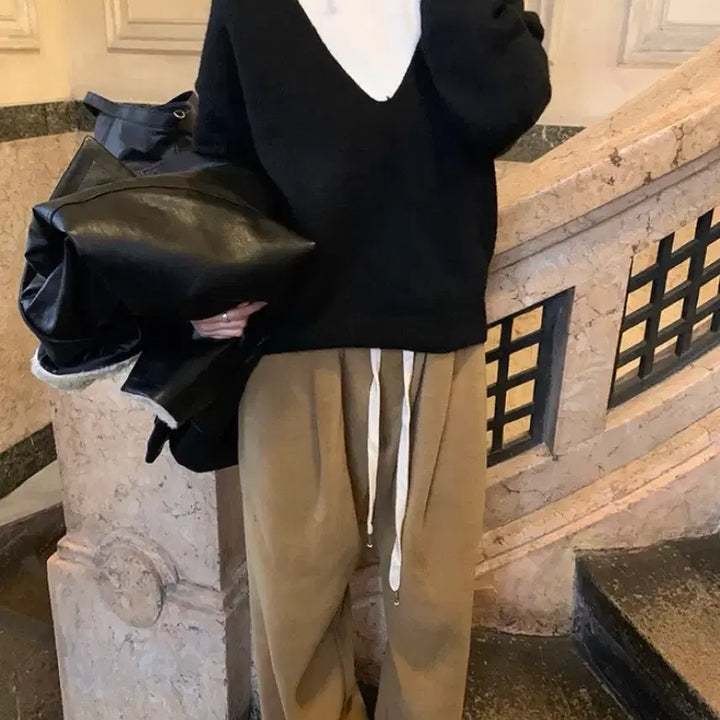 [BUNJANG] Frilly Pintuck Fleece Wide Pants - Light Camel / [실착 1회] 프릴리 핀턱 플리스 와이드 팬츠 라이트카멜