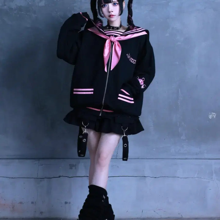 [BUNJANG] Amilige Rhinestone Embellished Sailor Zip-up Parka / amilige 아미리쥬 라인스톤 장식 세일러 집업 파카