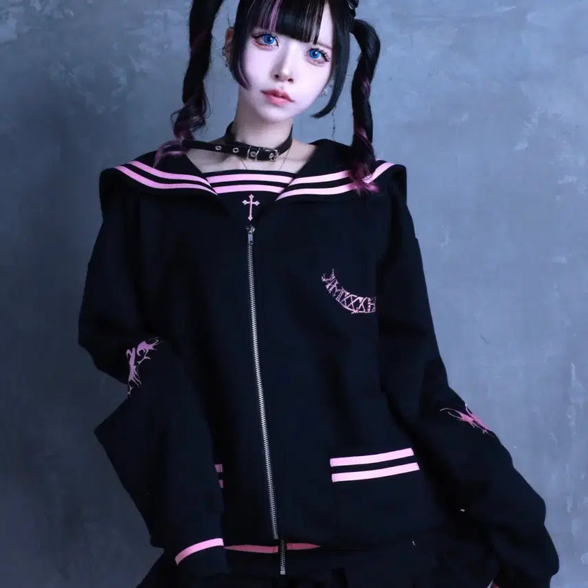 [BUNJANG] Amilige Rhinestone Embellished Sailor Zip-up Parka / amilige 아미리쥬 라인스톤 장식 세일러 집업 파카