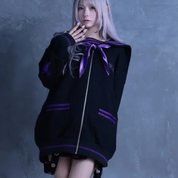 [BUNJANG] Amilige Rhinestone Embellished Sailor Zip-up Parka / amilige 아미리쥬 라인스톤 장식 세일러 집업 파카