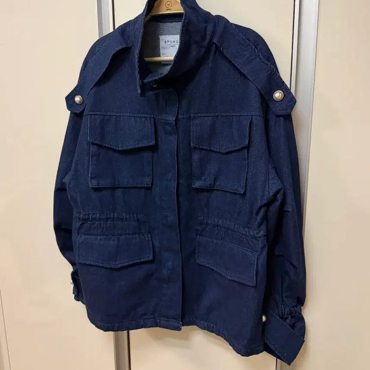 [BUNJANG] BPSHOP Denim Pearl High Neck Loose Oversized Safari Jumper Indigo String Pocket Jacket / 비피샵 데님 진주 야상 하이넥루즈오버핏청자켓사파리점퍼생지인디고스트링포켓