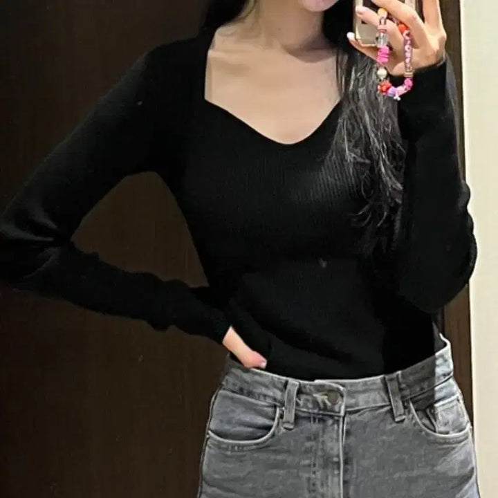 [BUNJANG] Angelo Bianco Heart Neck Knit Top / 안젤로 비안코 하트넥 니트 Grey