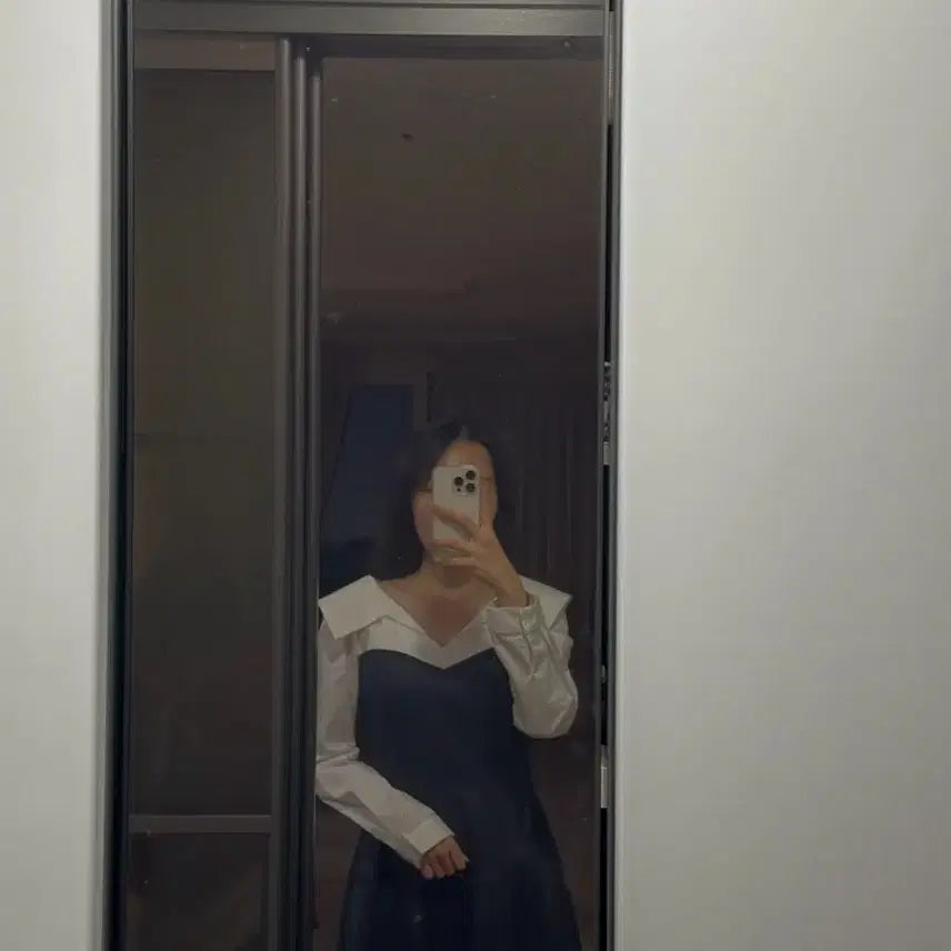 [BUNJANG] V-Neck Layered Color Block Long Dress / 브이넥 셔츠 레이어드 배색 롱원피스 블랙 S
