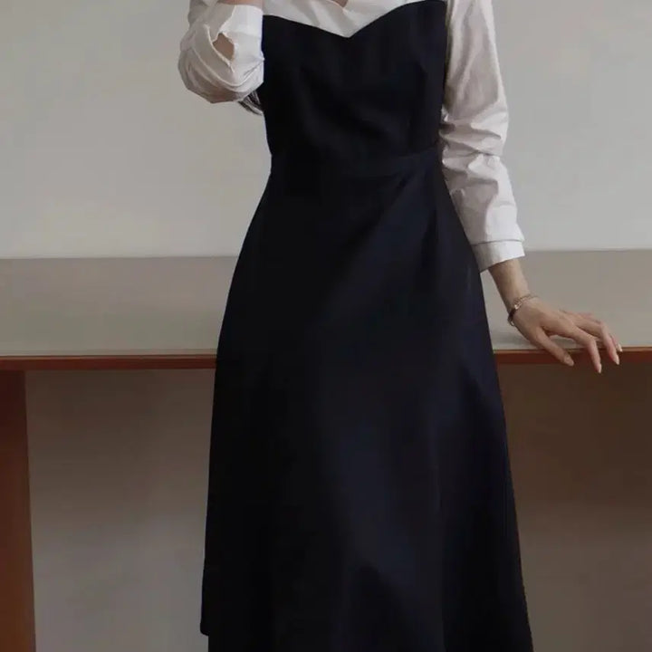 [BUNJANG] V-Neck Layered Color Block Long Dress / 브이넥 셔츠 레이어드 배색 롱원피스 블랙 S