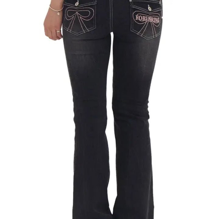 [BUNJANG] POURRING RIBBON STITCH BOOTCUT JEANS - Small, Dark Grey / 포어링 RIBBON STITCH BOOTCUT JEANS 스몰