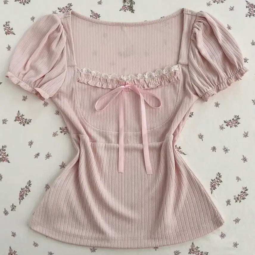 [SOLD OUT] 레이스 리본 핑크 블라우스 히메갸루 모리걸