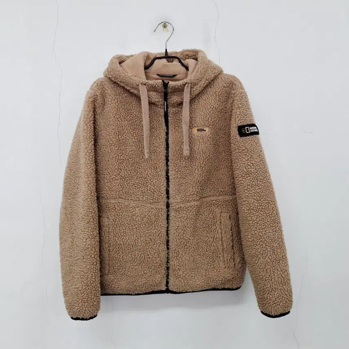 [BUNJANG] National Geographic Fleece Jacket Beige / 내셔널지오그래픽 와펜 플리스 후드집업 뽀글이 후리스 자켓 S 90 베이지