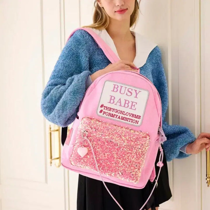 [BUNJANG] Entrev Busy Baby Pink Sequin Backpack / 앙트레브 비지 베이비 핑크 스팽글 민트급