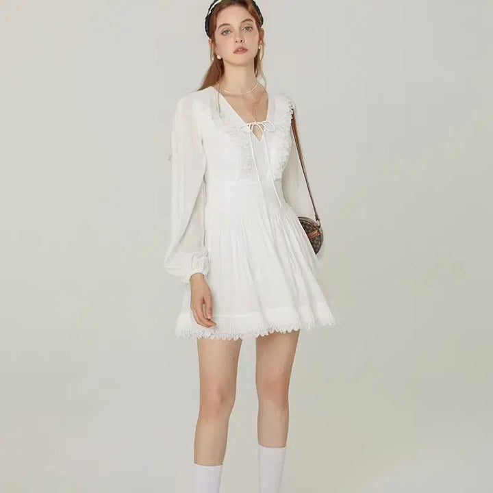 [BUNJANG] Synsden Lace Ribbon Mini Dress White / 신스덴 레이스 리본 미니 원피스 화이트