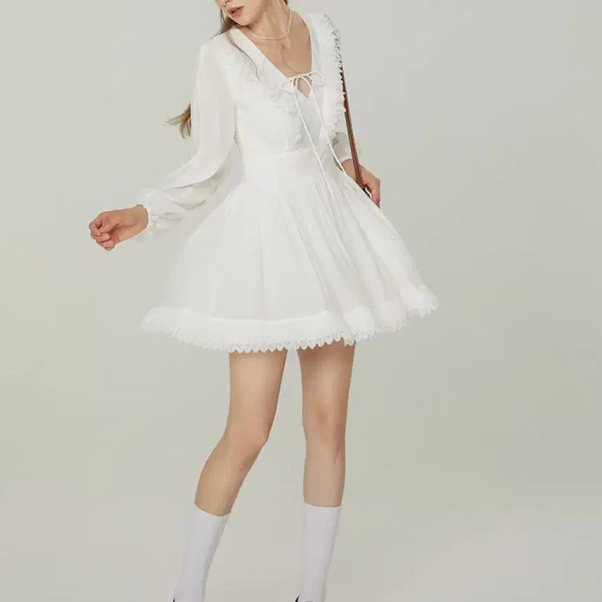 [BUNJANG] Synsden Lace Ribbon Mini Dress White / 신스덴 레이스 리본 미니 원피스 화이트