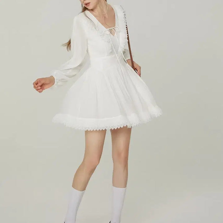 [BUNJANG] Synsden Lace Ribbon Mini Dress White / 신스덴 레이스 리본 미니 원피스 화이트