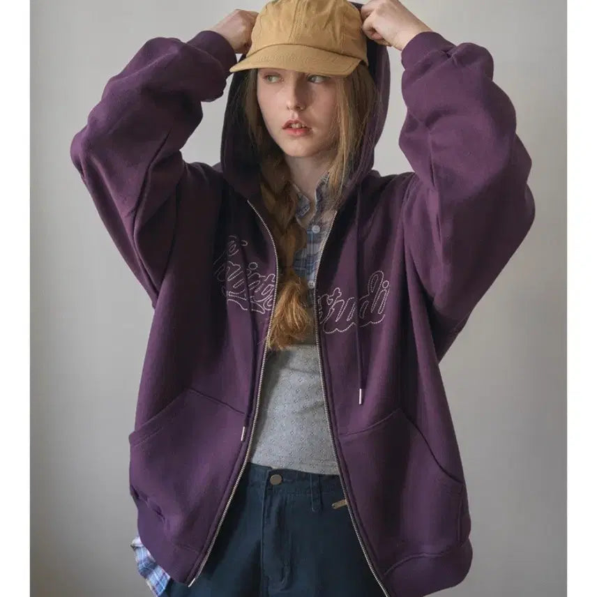 [BUNJANG] Heint Loose Fit Embroidered Two-Way Sweat Hoodie Zip-Up / (새상품)헤인트 루즈핏 자수 투웨이 스웻 후드집업