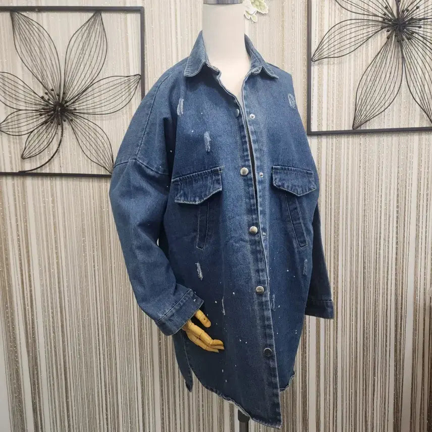 [BUNJANG] Free Size Vintage Wash Denim Long Shirt Jacket / 데미지 워싱 똑딱단추 데님 롱 셔츠 자켓 free