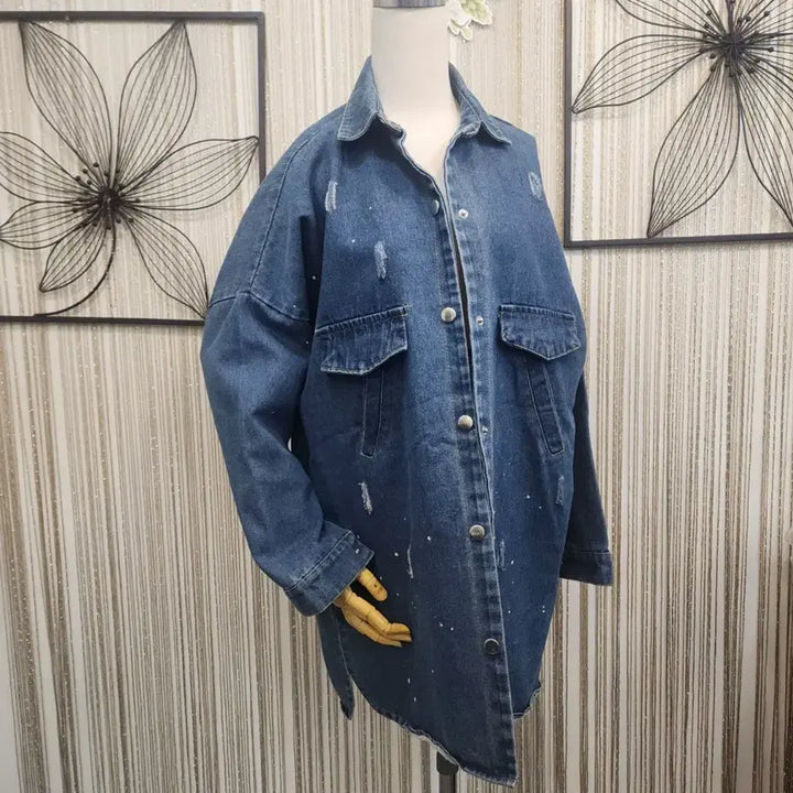 [BUNJANG] Free Size Vintage Wash Denim Long Shirt Jacket / 데미지 워싱 똑딱단추 데님 롱 셔츠 자켓 free