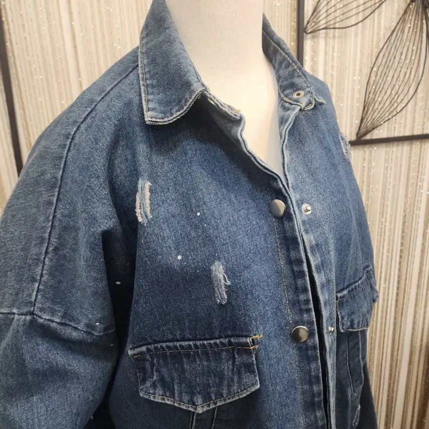 [BUNJANG] Free Size Vintage Wash Denim Long Shirt Jacket / 데미지 워싱 똑딱단추 데님 롱 셔츠 자켓 free