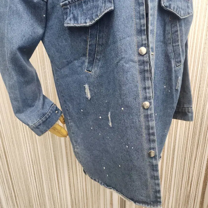 [BUNJANG] Free Size Vintage Wash Denim Long Shirt Jacket / 데미지 워싱 똑딱단추 데님 롱 셔츠 자켓 free