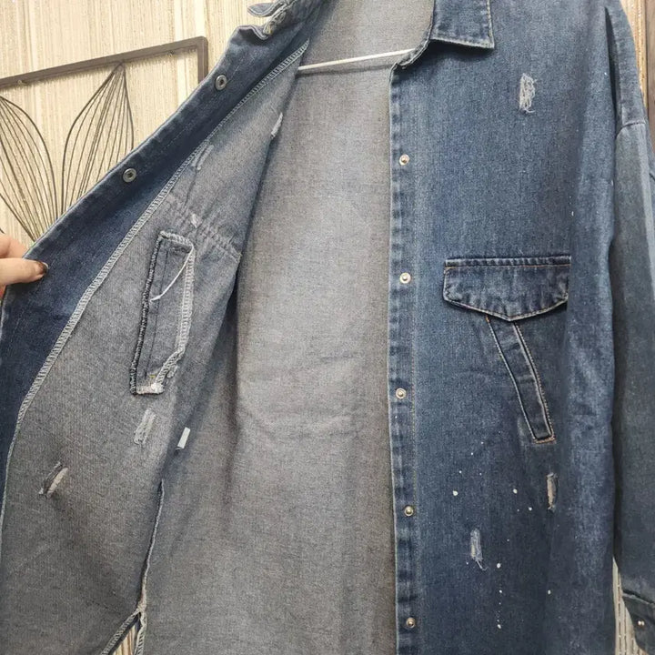 [BUNJANG] Free Size Vintage Wash Denim Long Shirt Jacket / 데미지 워싱 똑딱단추 데님 롱 셔츠 자켓 free