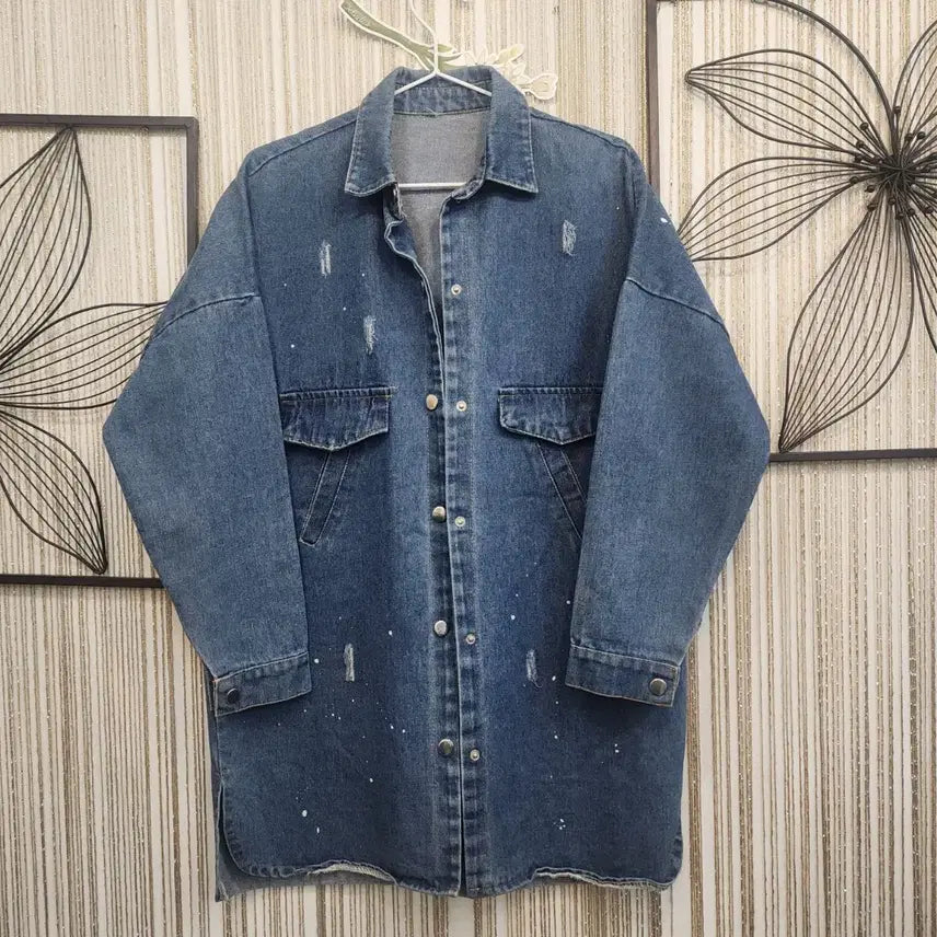 [BUNJANG] Free Size Vintage Wash Denim Long Shirt Jacket / 데미지 워싱 똑딱단추 데님 롱 셔츠 자켓 free