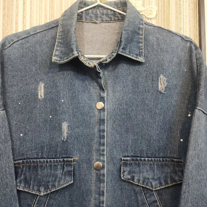[BUNJANG] Free Size Vintage Wash Denim Long Shirt Jacket / 데미지 워싱 똑딱단추 데님 롱 셔츠 자켓 free