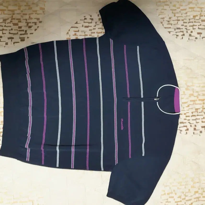 [BUNJANG] Crocodile Stripe Short Sleeve Polo Shirt Navy 100 / [상태최상] 크로커다일 스트라이프 반팔 카라티 네이비 100