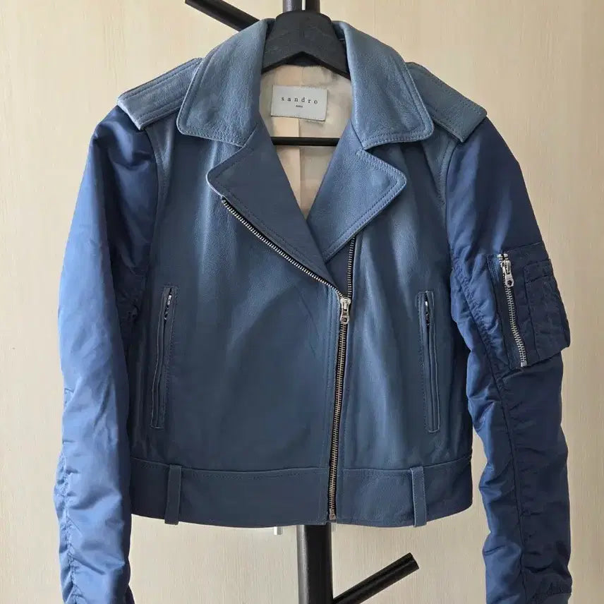 [BUNJANG] Sandro Goat Leather Rider Jacket / 산드로 블루 염소가죽 라이더 자켓 1사이즈