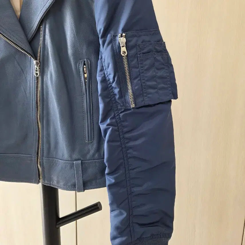 [BUNJANG] Sandro Goat Leather Rider Jacket / 산드로 블루 염소가죽 라이더 자켓 1사이즈