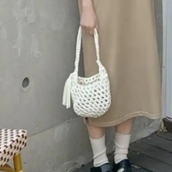 [BUNJANG] Ivory Knitted Bucket Bag / [새상품] 아이보리 뜨개 가방
