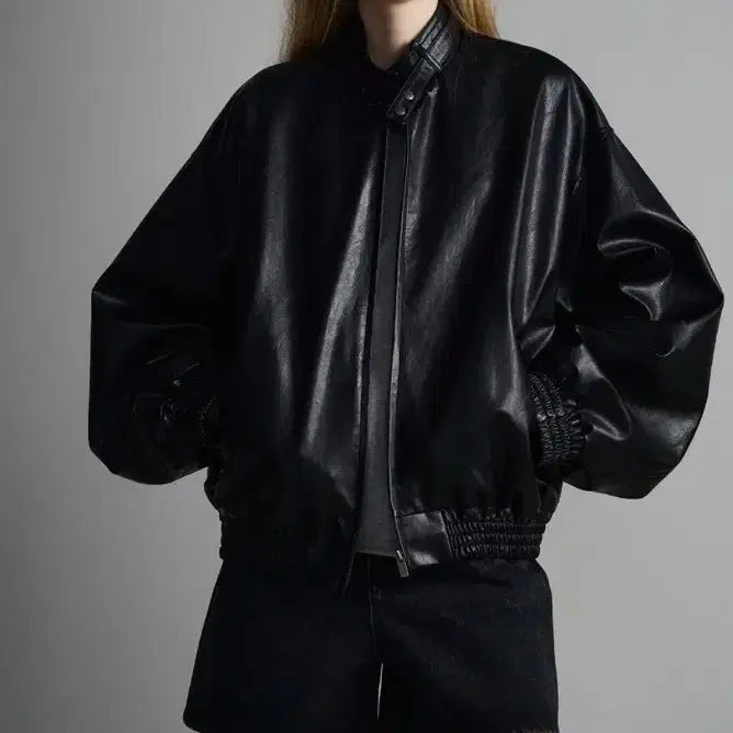 [BUNJANG] Facade Pattern Stand Collar Leather Blouson / 파사드패턴 스탠드카라 레더 블루종 블랙