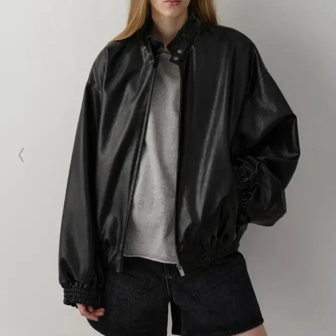 [BUNJANG] Facade Pattern Stand Collar Leather Blouson / 파사드패턴 스탠드카라 레더 블루종 블랙