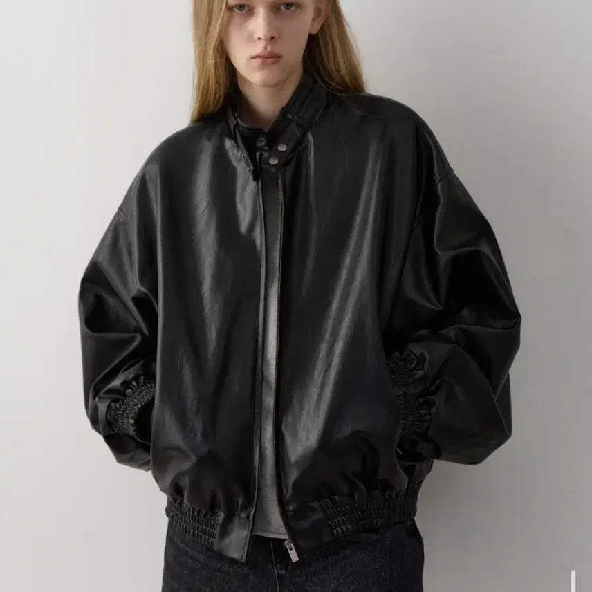 [BUNJANG] Facade Pattern Stand Collar Leather Blouson / 파사드패턴 스탠드카라 레더 블루종 블랙